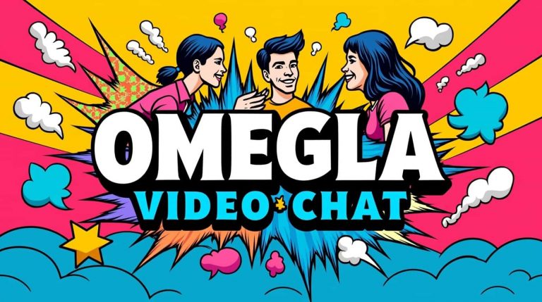 Illustration colorée de la plateforme Omegle avec trois personnes discutant et le logo "OMEGLE VIDEO CHAT" au centre