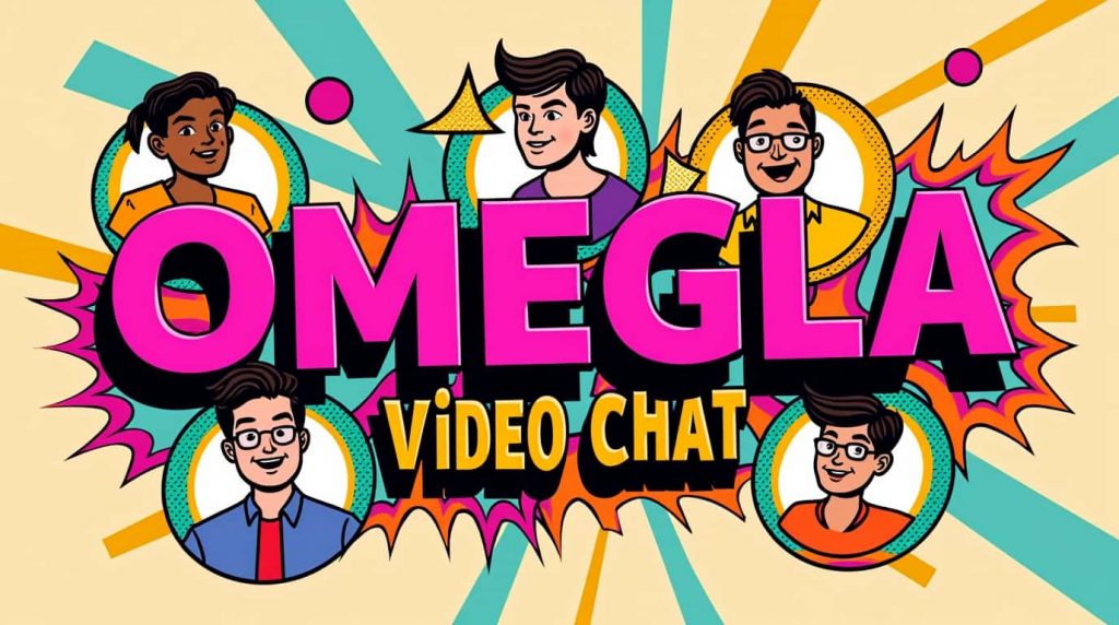Illustration colorée d'Omegle avec cinq portraits d'utilisateurs divers entourant le logo rose "OMEGLE VIDEO CHAT" sur fond de rayons turquoise et orange
